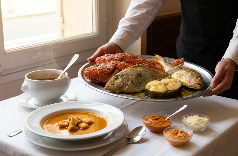 A waiter bringing whole rockfish and John Dory to a bouillabaisse table in Marseille