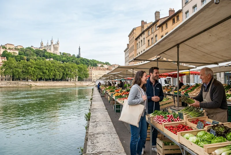 Two hosts laughing with a farmer who holds out asparagus at a riverside market in Lyon