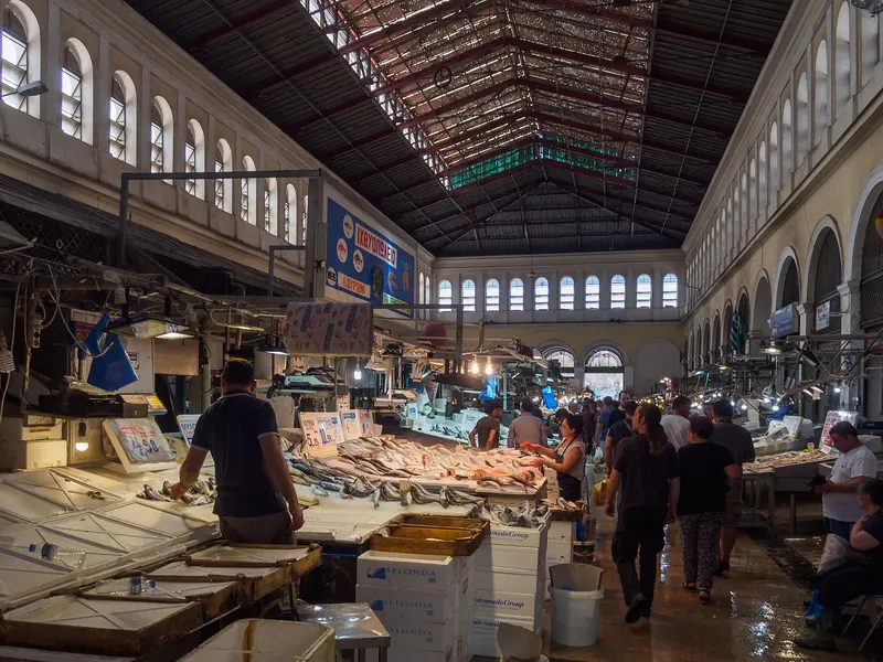 Fresh fish on ice under the iron roof of the Varvakios market fish hall, Athens