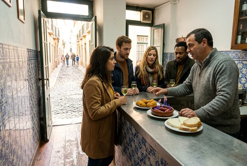 A host explaining codfish cakes and sausage to guests at a tiled tasca in Lisbon