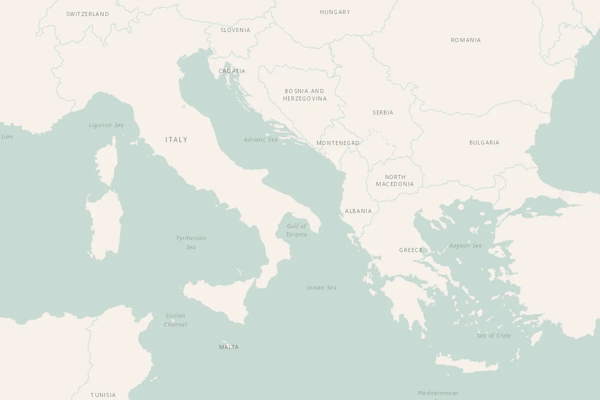 Map of Italy and Greece with our destinations numbered