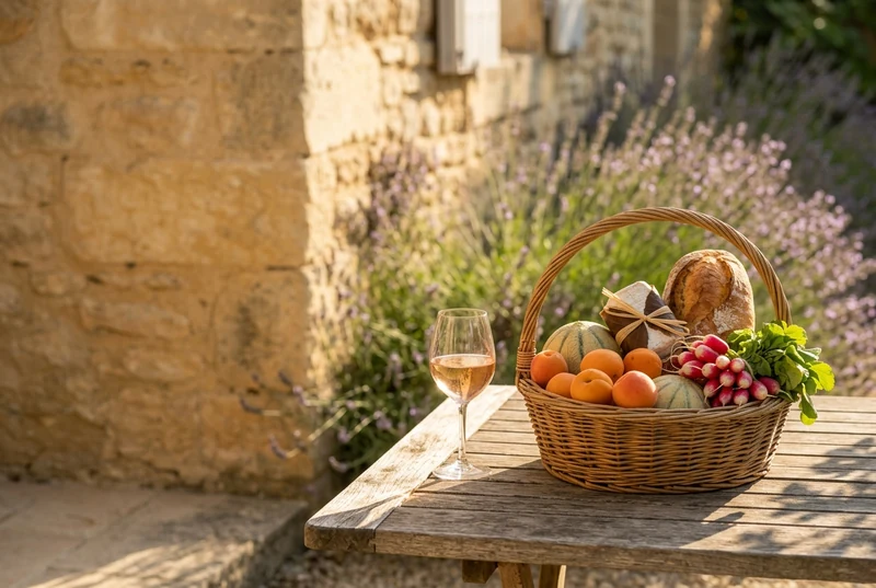 A basket of apricots, melons, bread and goat cheese beside rosé wine in the Luberon