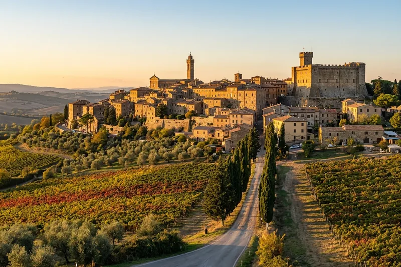Montalcino and its fortress on a hilltop above olive groves and autumn vineyards at sunset