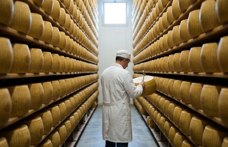 A cheesemaker tapping a wheel of Parmigiano Reggiano in an aging room near Parma