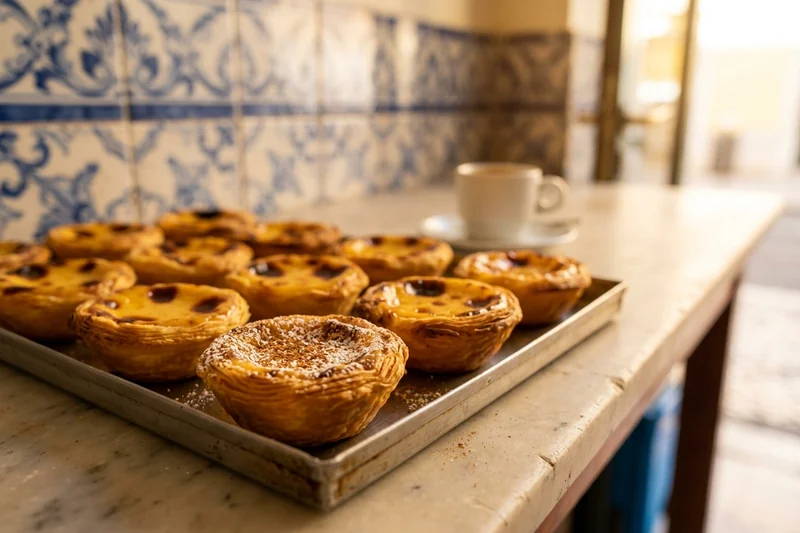 A tray of pastéis de nata with blistered custard and an espresso in Lisbon