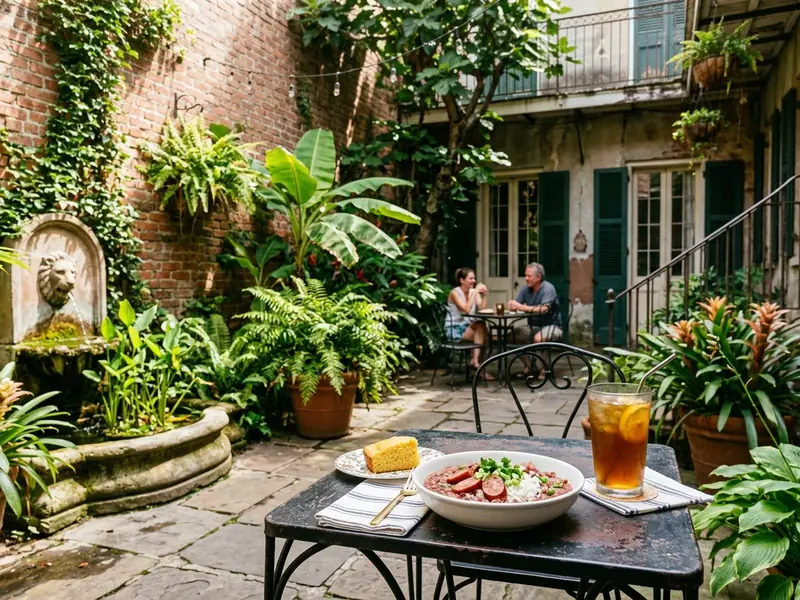 Red beans and rice with cornbread and iced tea in a brick French Quarter courtyard