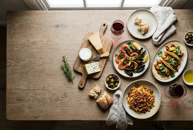 A shared table from above with cheese, grilled prawns, tacos, tagliatelle and red wine