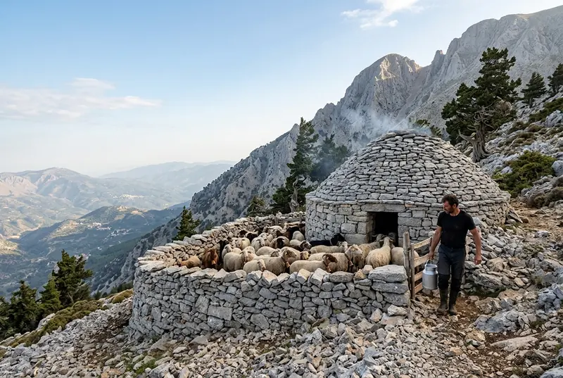 A shepherd carrying a milk can past a stone hut in the White Mountains of Crete