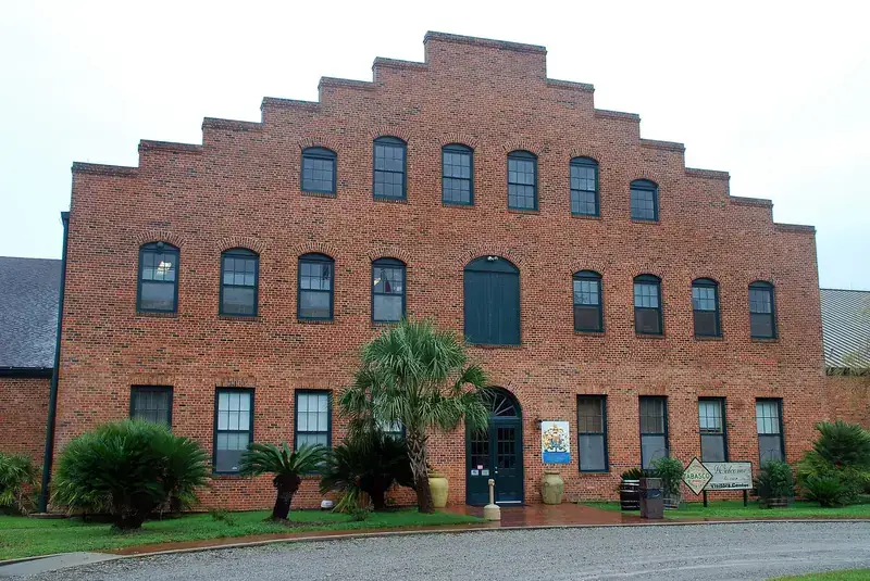 The stepped brick front of the Tabasco factory on Avery Island in Louisiana