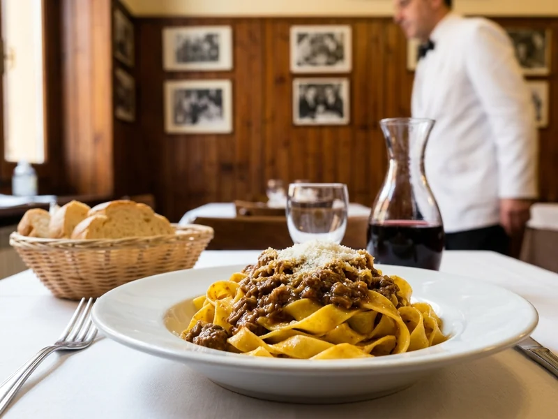 A bowl of egg tagliatelle with meat ragù and Parmigiano in a wood-paneled Bologna trattoria