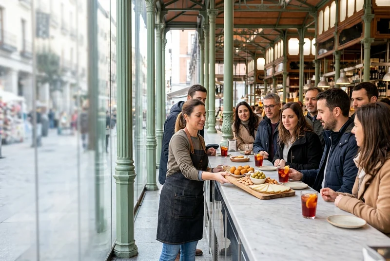 A host serving cheese, croquettes and vermouth to travelers at Mercado de San Miguel, Madrid