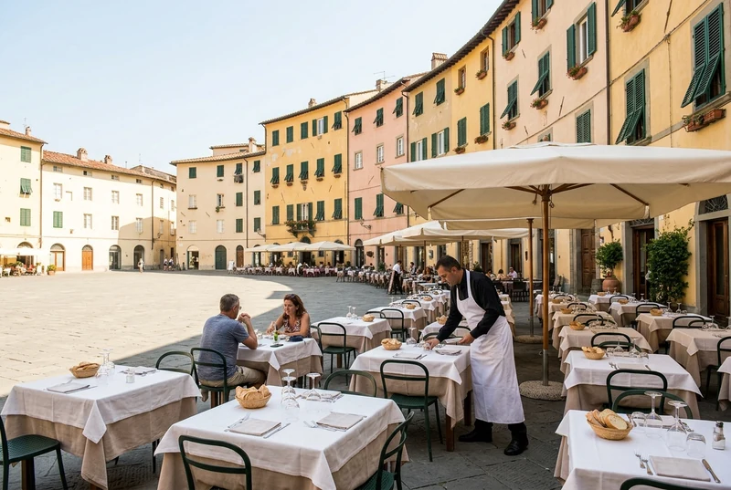 A waiter setting a trattoria terrace table in the oval Piazza dell’Anfiteatro in Lucca