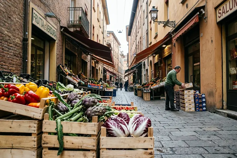 Crates of peppers, artichokes and radicchio outside a greengrocer on a market lane in Bologna