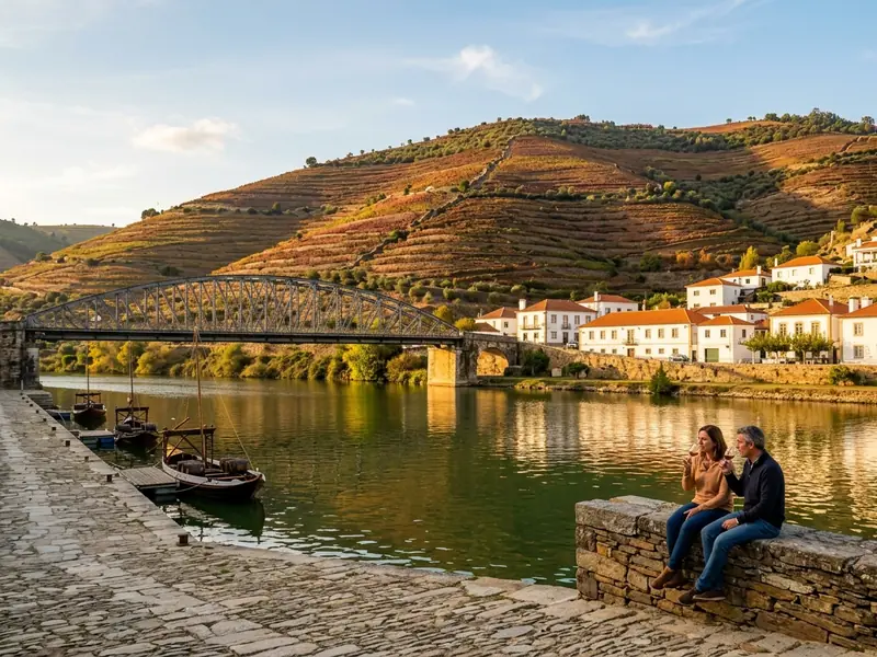 A couple drinking wine on a stone wall by the Douro River at Pinhão